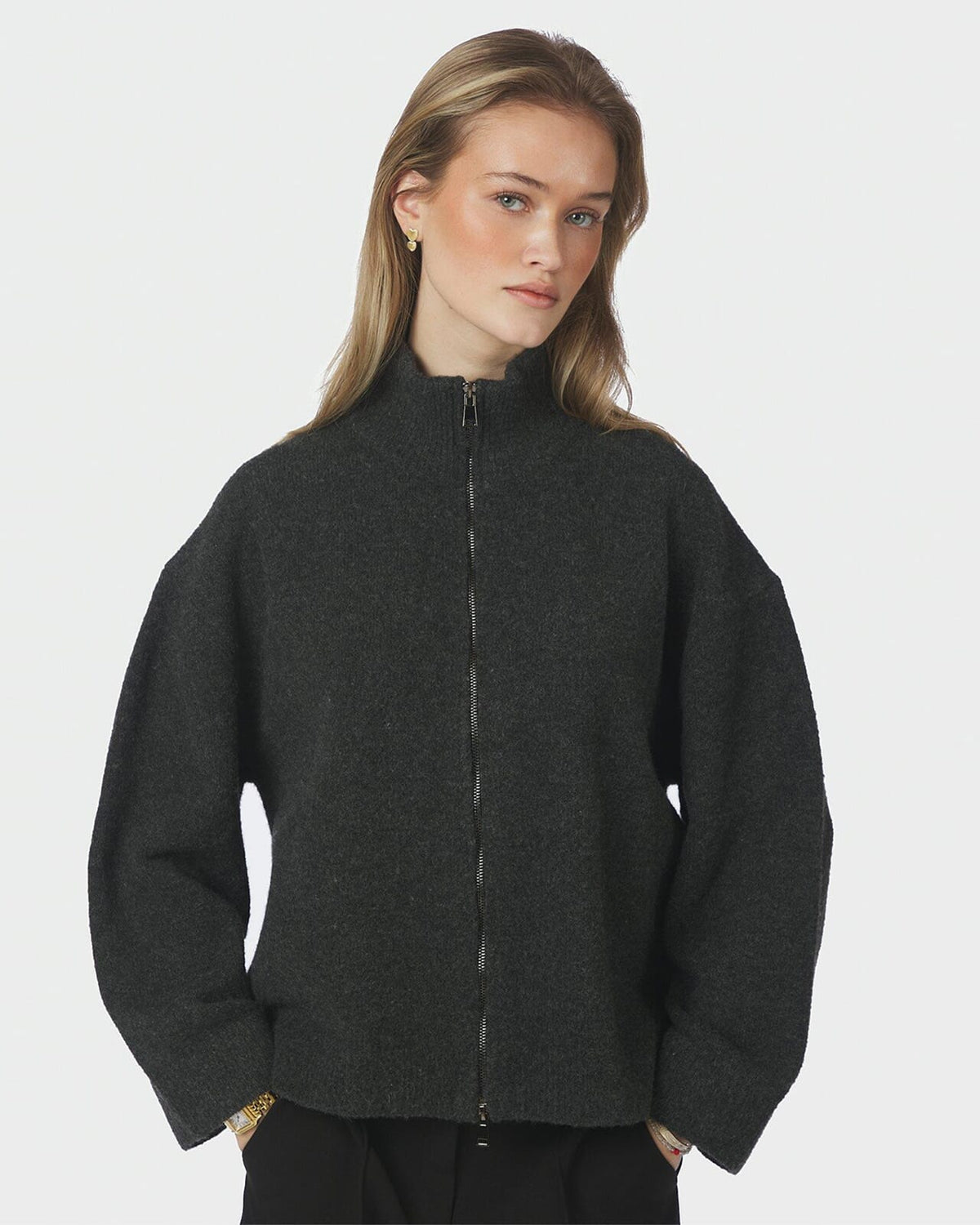 NEO NOIR Strikket Cardigan Asley Zip Knit - Antracit