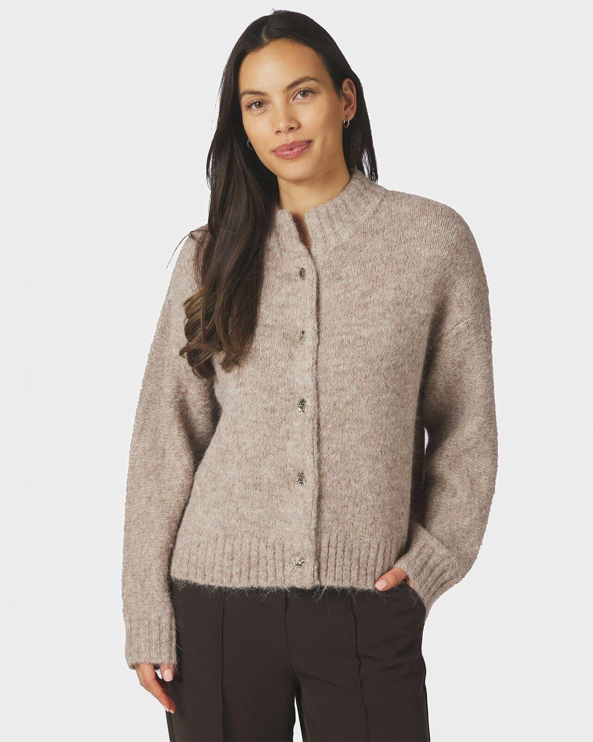 NEO NOIR Strikket Cardigan Taura Fluffy Knit - Beige Melange