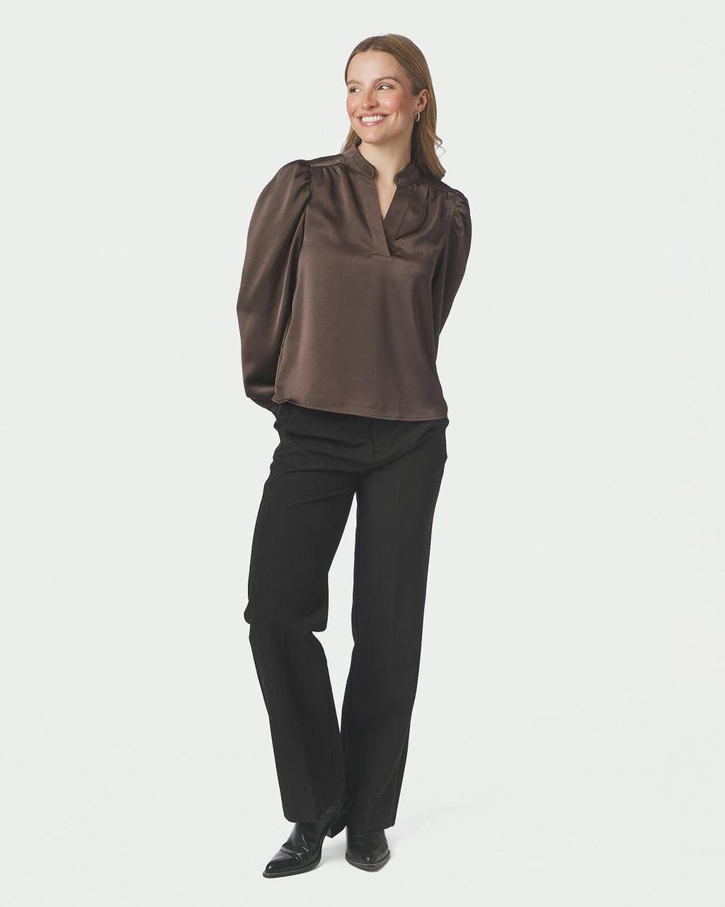 NEO NOIR Bluse Rosslyn Heavy Sateen - Dark Brown