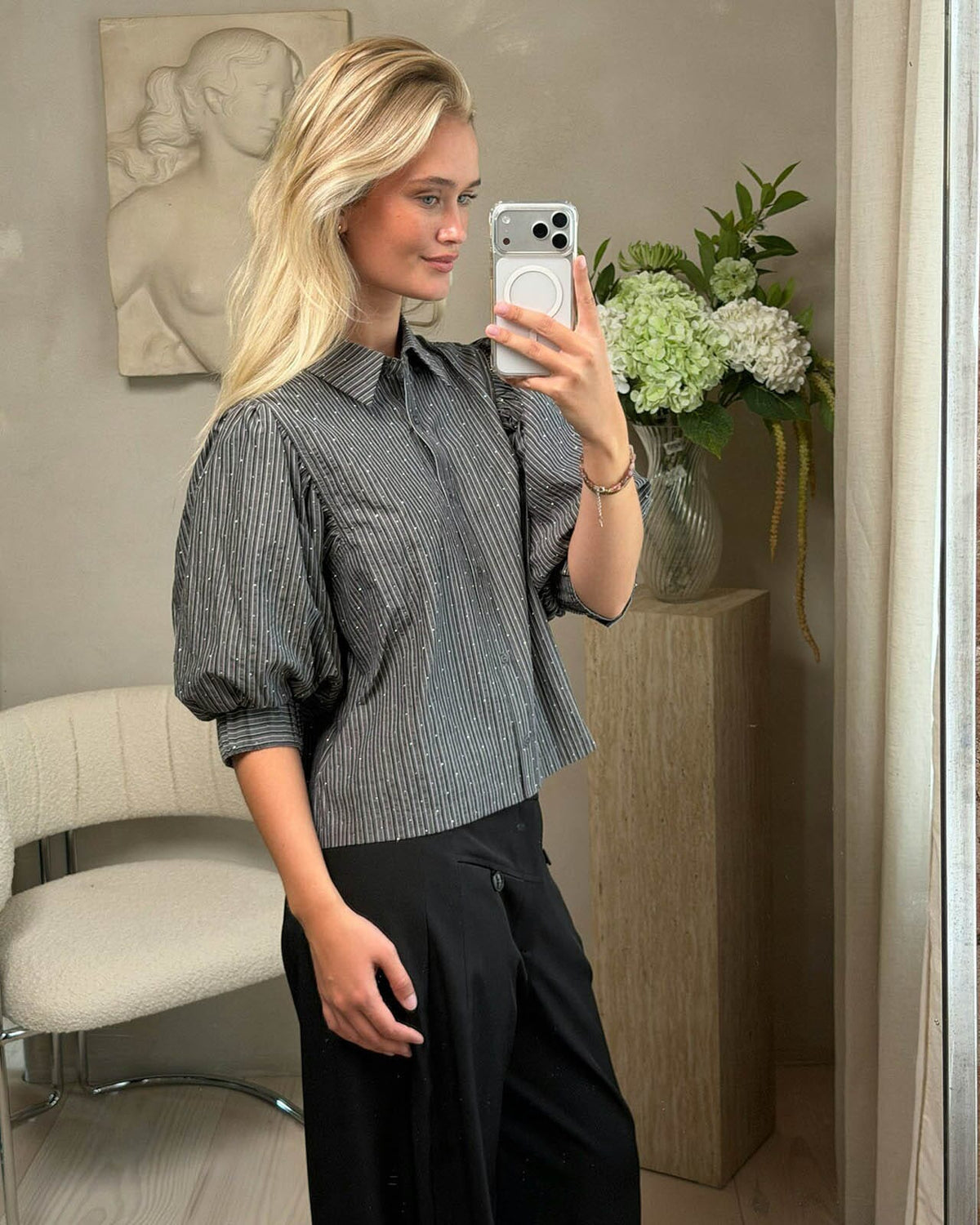 NEO NOIR Skjorte Etta Stripe B - Dark Grey