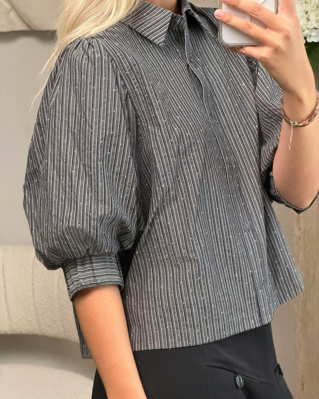 NEO NOIR Skjorte Etta Stripe B - Dark Grey