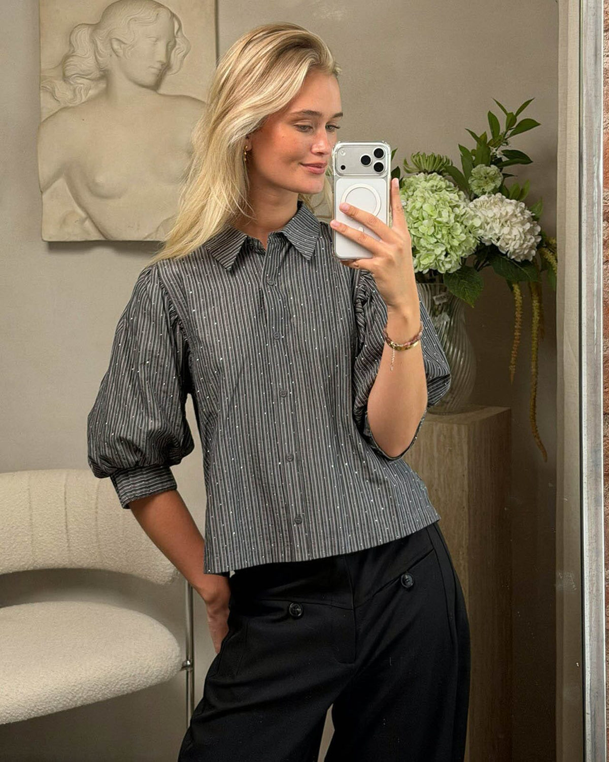 NEO NOIR Skjorte Etta Stripe B - Dark Grey