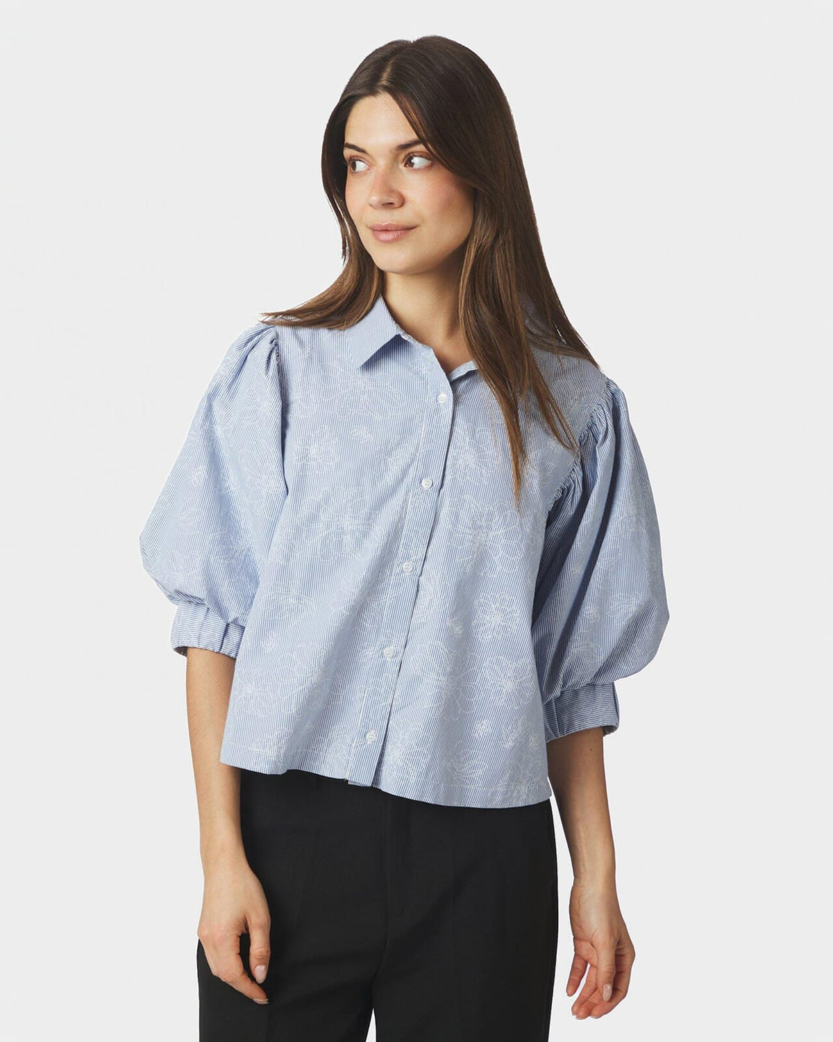 NEO NOIR Skjorte Etta Flower Stripe - Light Blue
