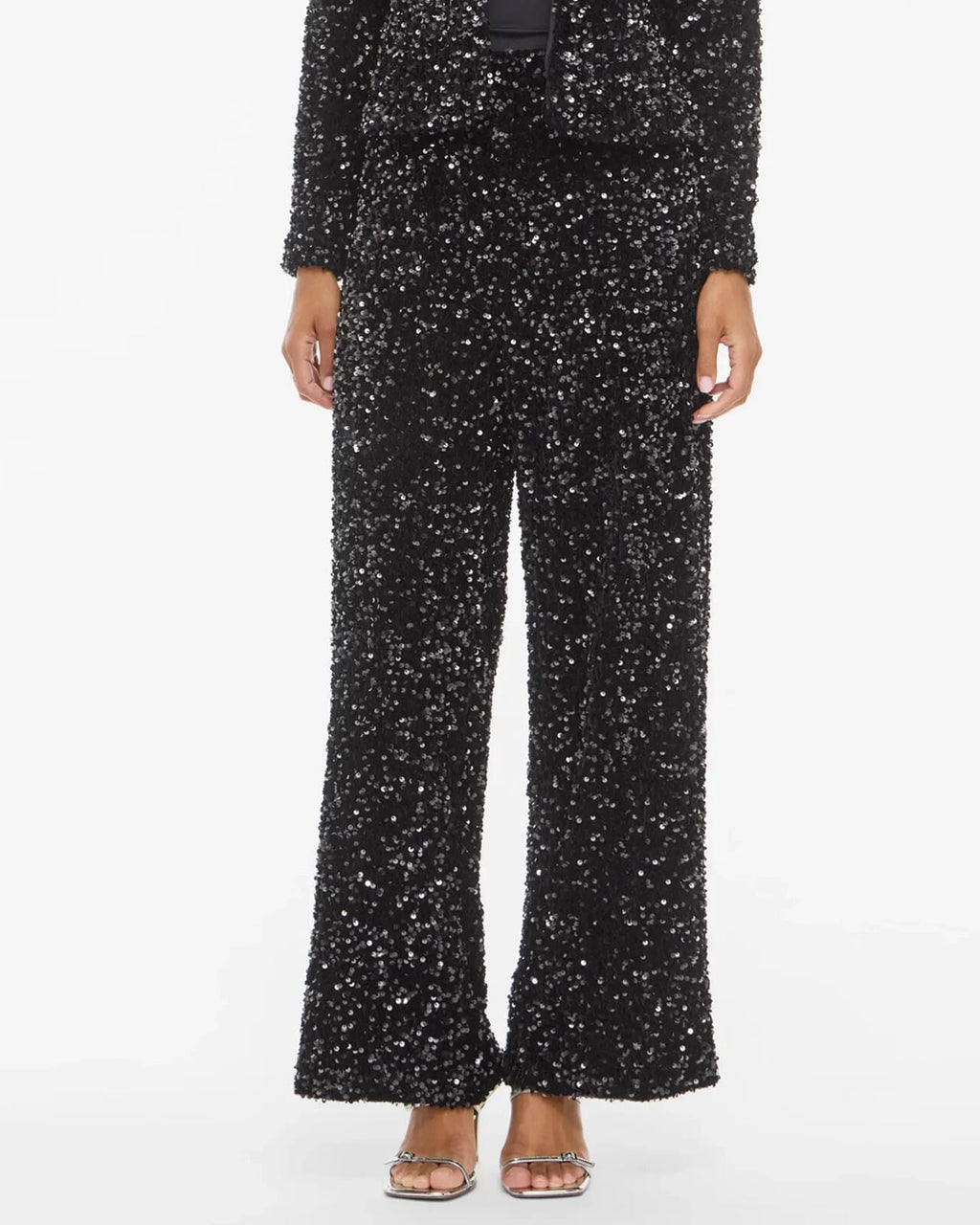 VILA Paljettbukse Faith HW Wide - Black Beauty