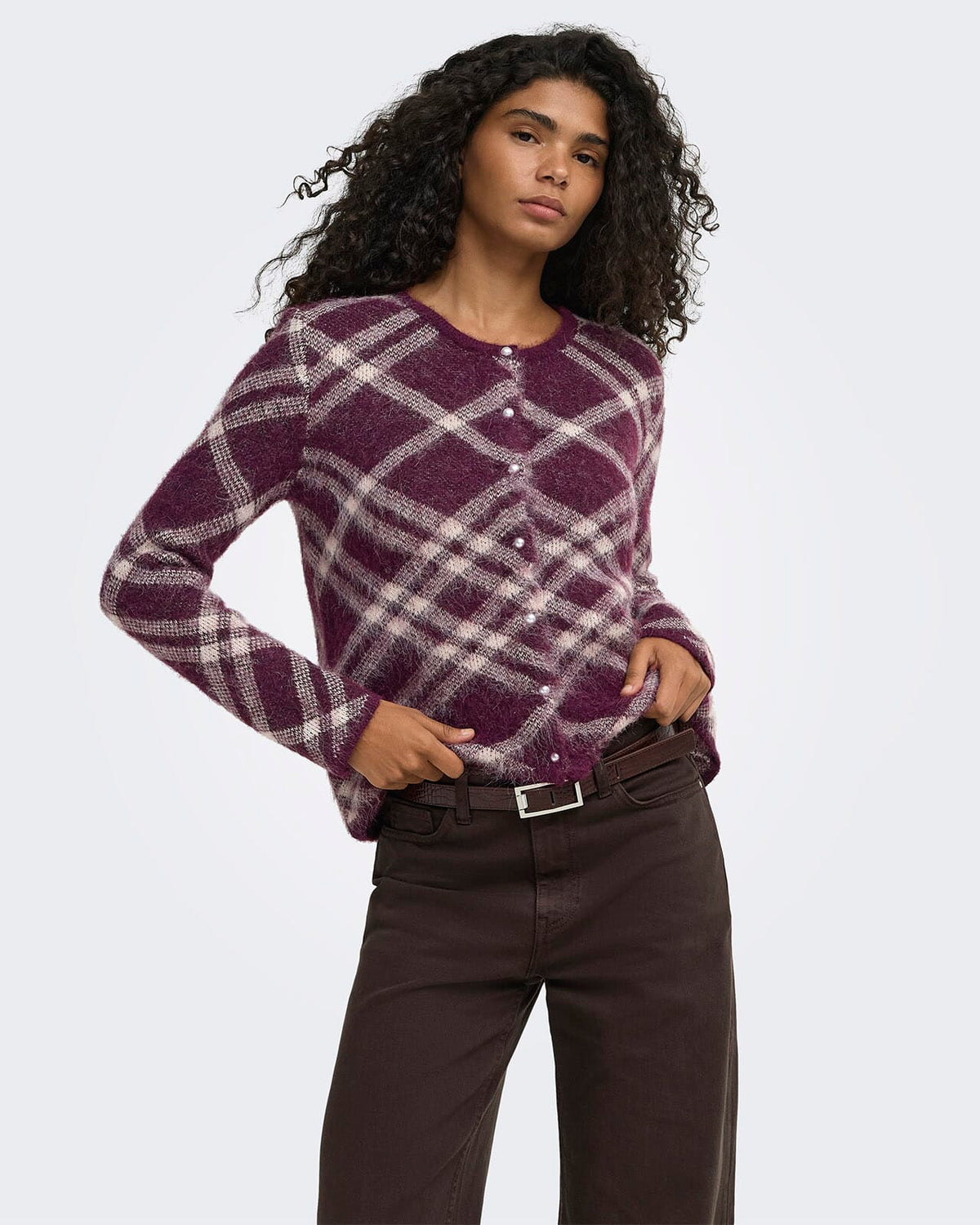 ONLY Strikket Cardigan Noeme LS O-neck - Fig Check/Oatmeal/Fmop/Mel