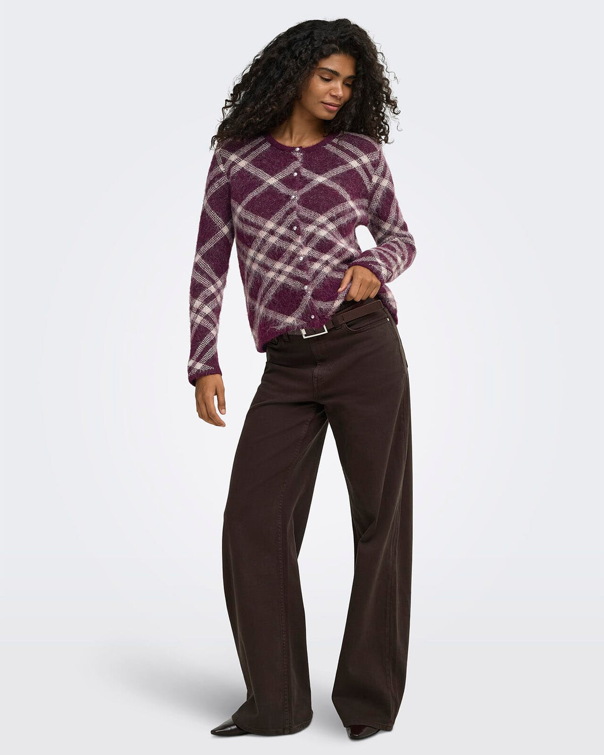 ONLY Strikket Cardigan Noeme LS O-neck - Fig Check/Oatmeal/Fmop/Mel