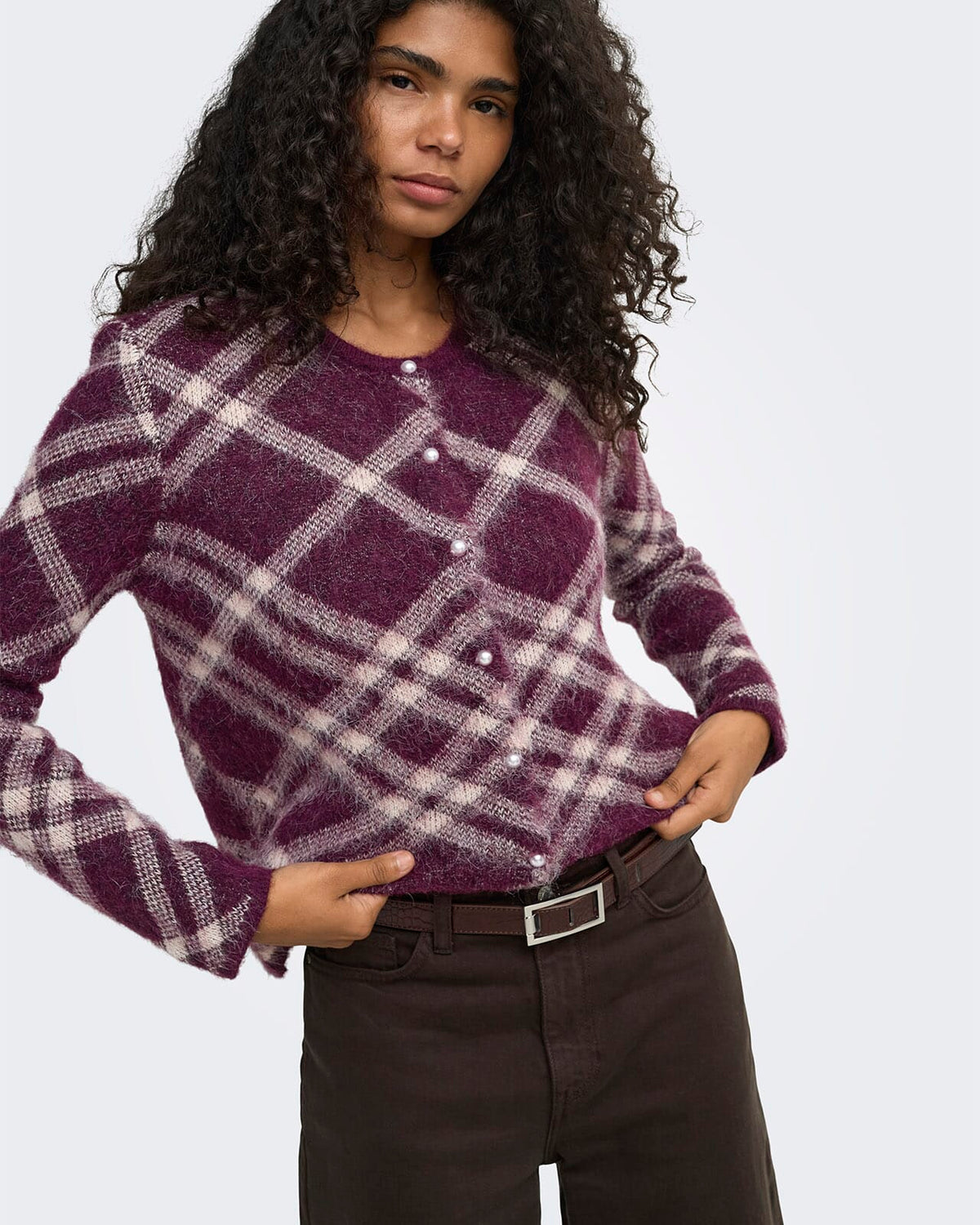 ONLY Strikket Cardigan Noeme LS O-neck - Fig Check/Oatmeal/Fmop/Mel