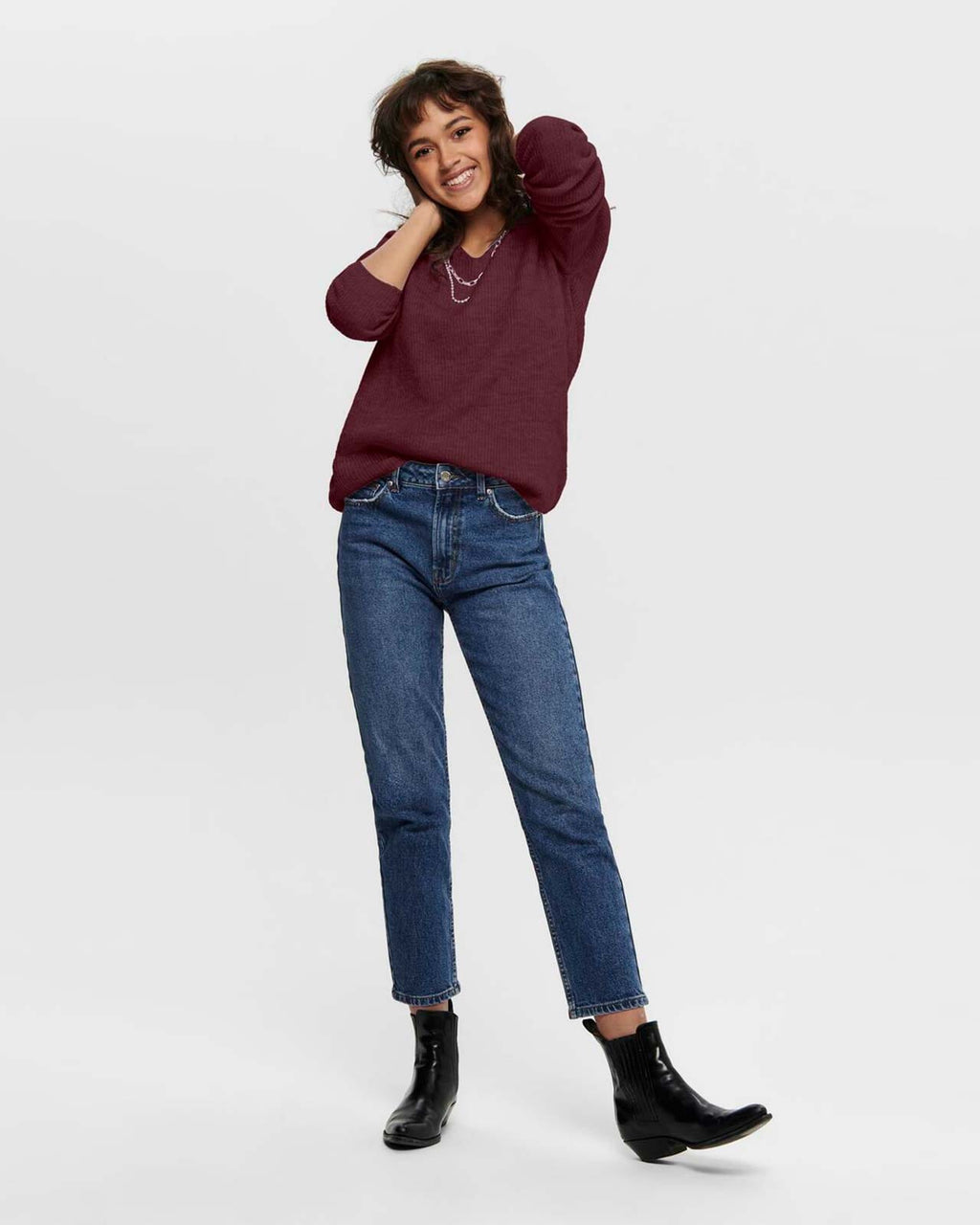 ONLY Strikkegenser Camilla V-neck L/S Pullover - Port Royale/ Melange