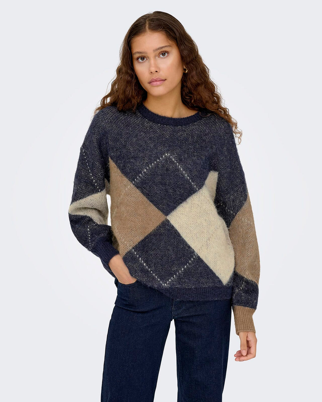 ONLY Strikkegenser Noeme Life LS JQ O-neck - Night Sky/ Cocoa Creme/Biscotti Mel. /Argyle
