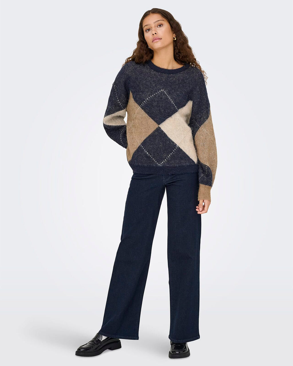 ONLY Strikkegenser Noeme Life LS JQ O-neck - Night Sky/ Cocoa Creme/Biscotti Mel. /Argyle