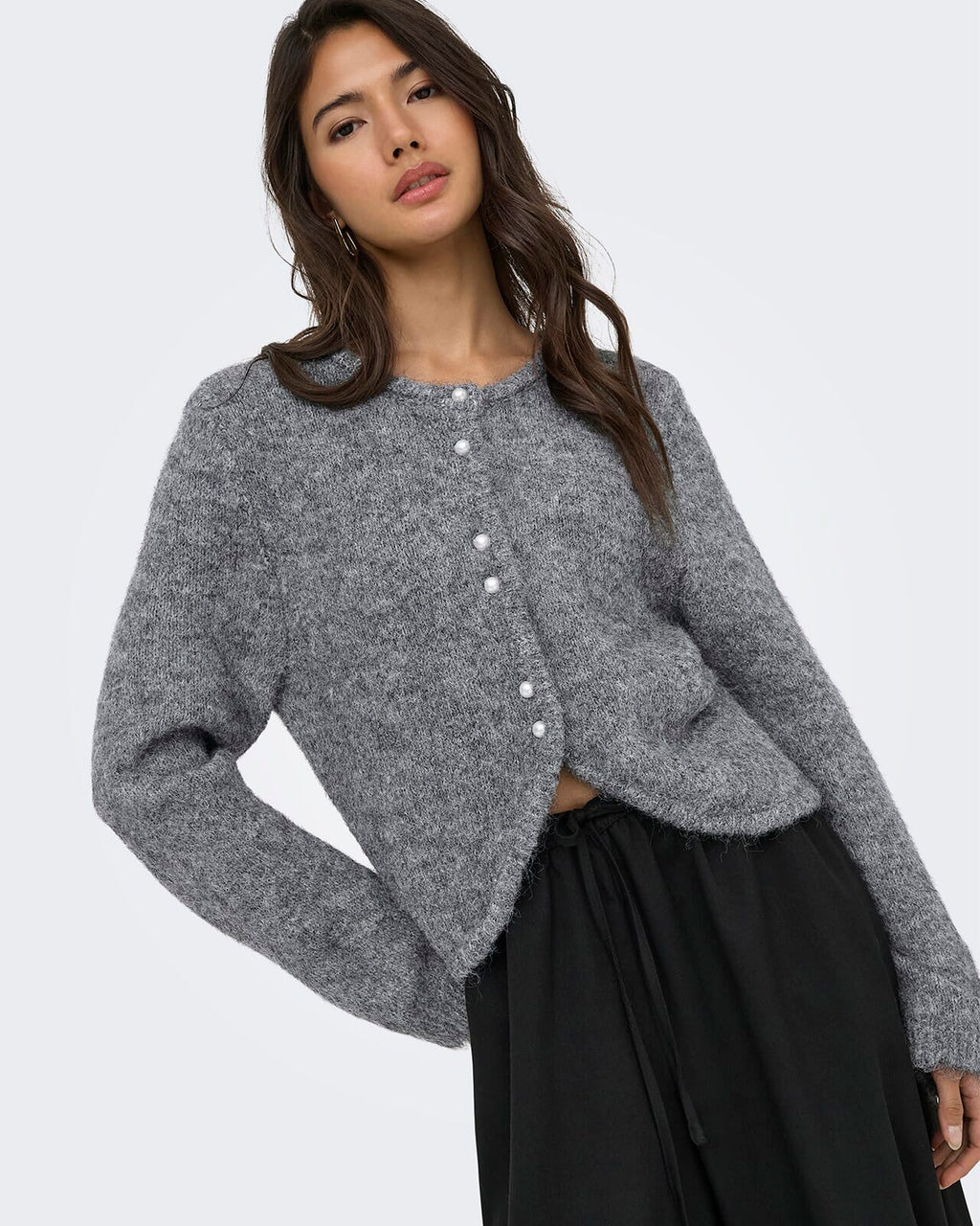 ONLY Strikket Cardigan Zaggie LS Button Cardi CC Knit - Dark Grey Melange Pearl button
