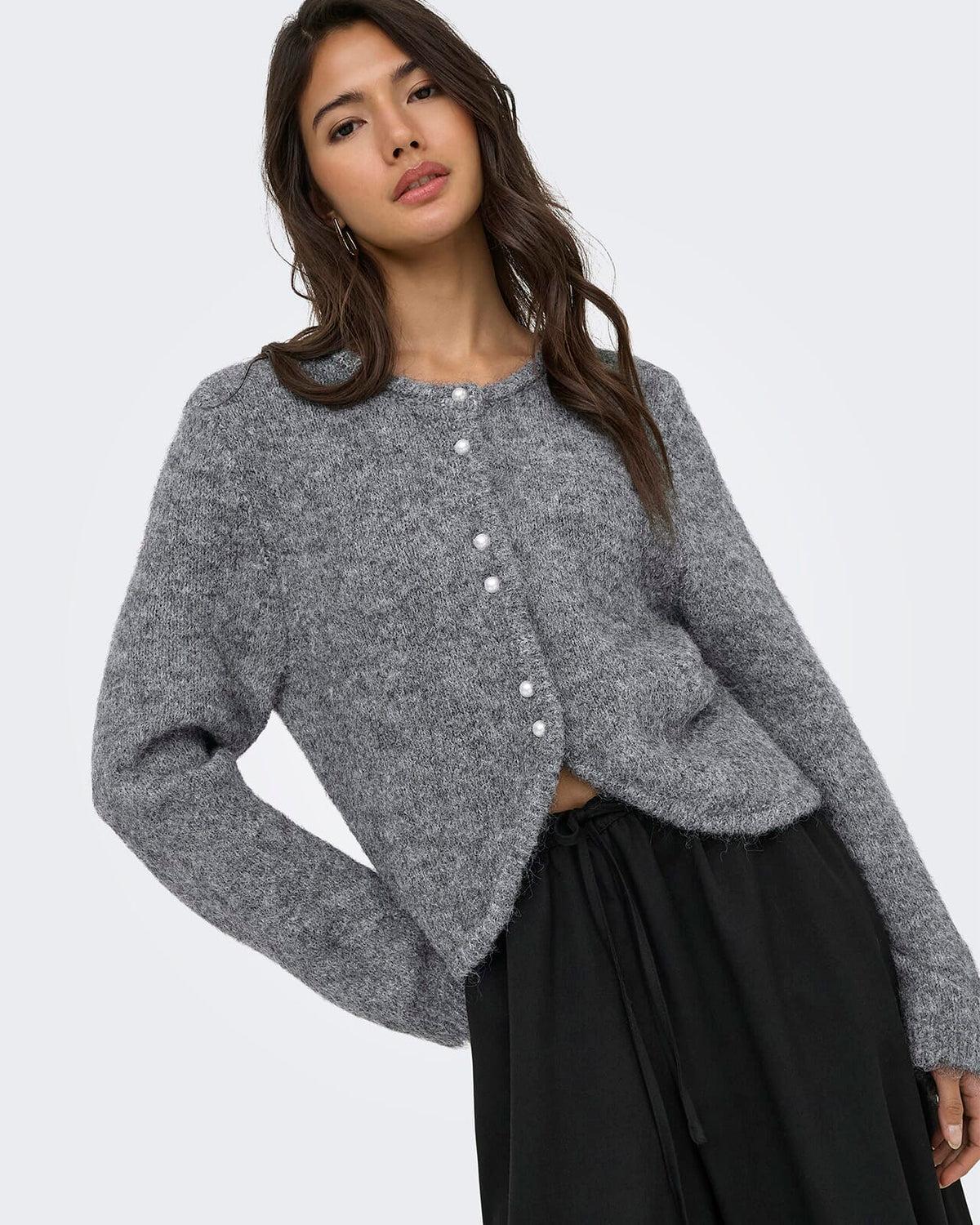 ONLY Strikket Cardigan Zaggie LS Button Cardi CC Knit - Dark Grey Melange Pearl button