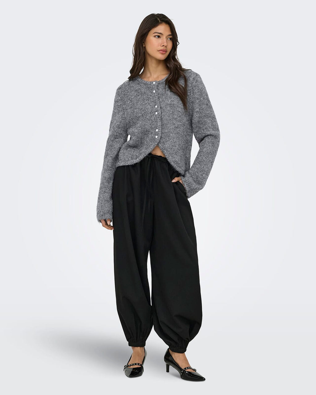 ONLY Strikket Cardigan Zaggie LS Button Cardi CC Knit - Dark Grey Melange Pearl button