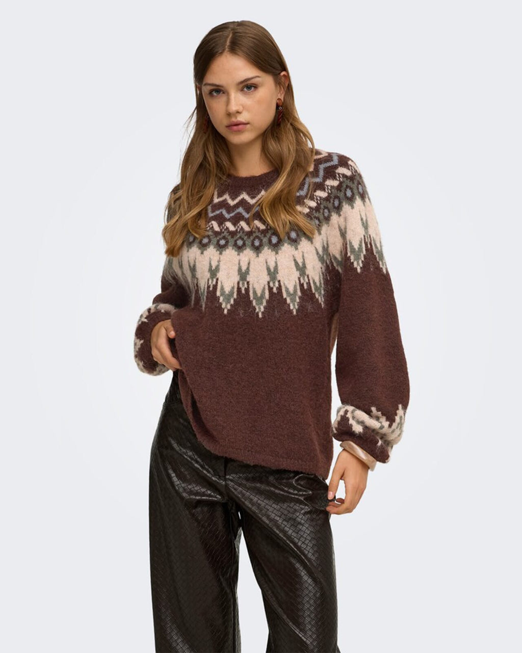 ONLY Strikkegenser Reykja LS Fair Isle O-neck - Coffee Bean/ Fair Isle/Smokey O/ Silver Mel.