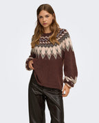 ONLY Strikkegenser Reykja LS Fair Isle O-neck - Coffee Bean/ Fair Isle/Smokey O/ Silver Mel.