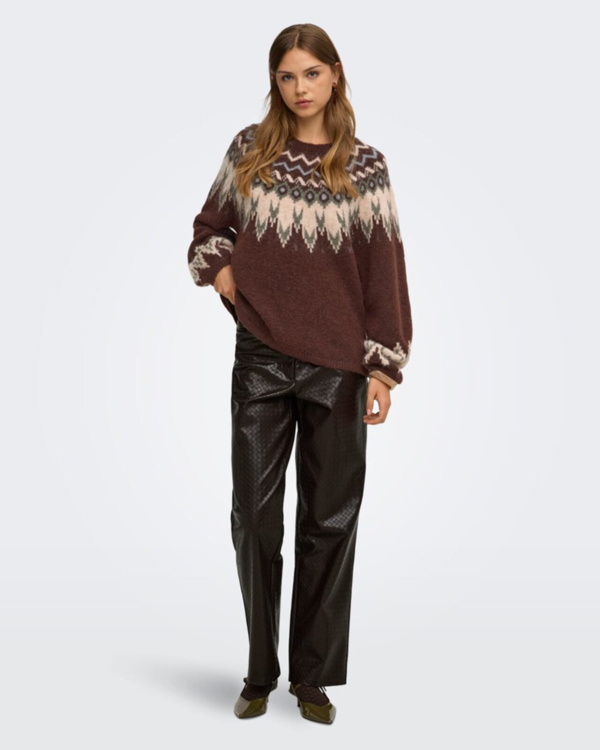 ONLY Strikkegenser Reykja LS Fair Isle O-neck - Coffee Bean/ Fair Isle/Smokey O/ Silver Mel.
