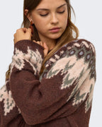 ONLY Strikkegenser Reykja LS Fair Isle O-neck - Coffee Bean/ Fair Isle/Smokey O/ Silver Mel.