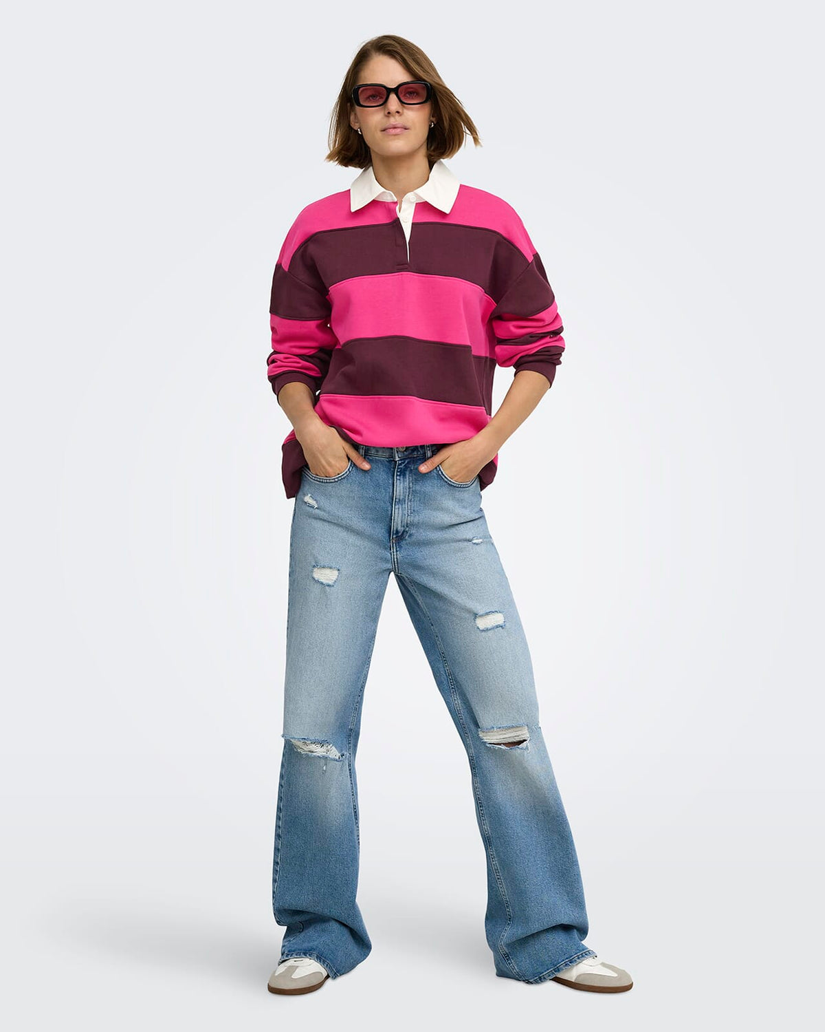 ONLY Pologenser Nara L/S Polo - Beetroot Purple Winetasting stripes + cd collar