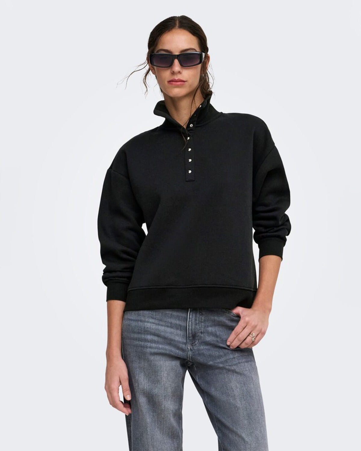 ONLY Collegegenser Coralie L/S Button Collar - Black/ Silver buttons