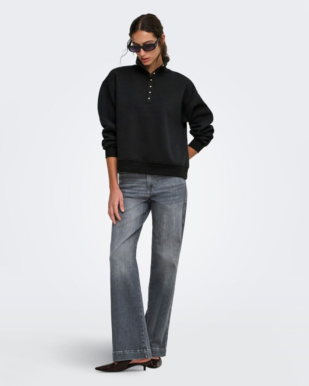 ONLY Collegegenser Coralie L/S Button Collar - Black/ Silver buttons