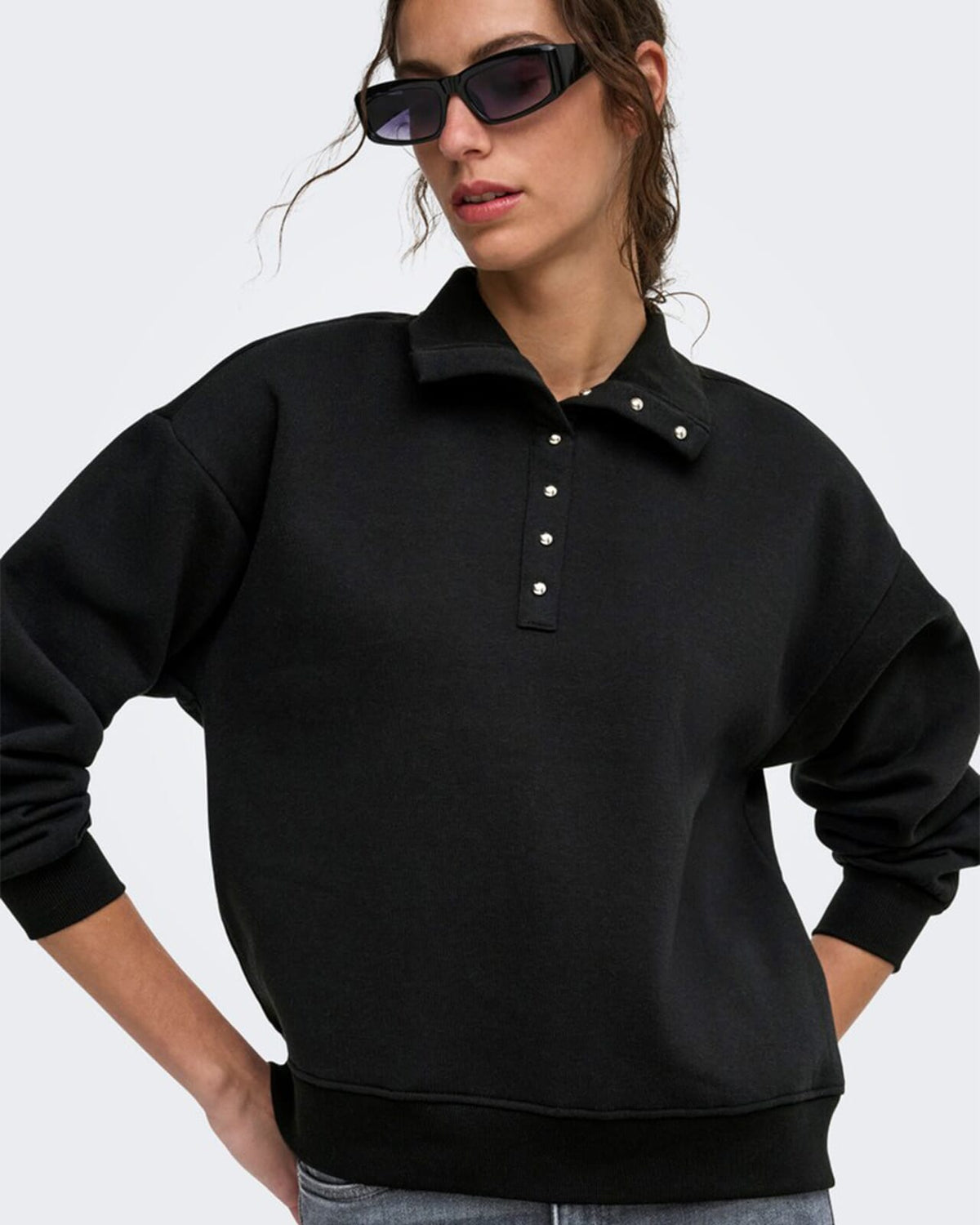 ONLY Collegegenser Coralie L/S Button Collar - Black/ Silver buttons
