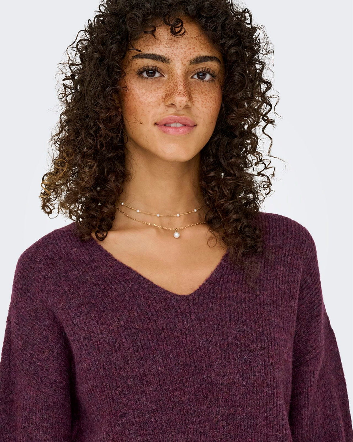 ONLY Strikkegenser Camilla V-neck L/S Pullover - Mauve Wine/ Melange