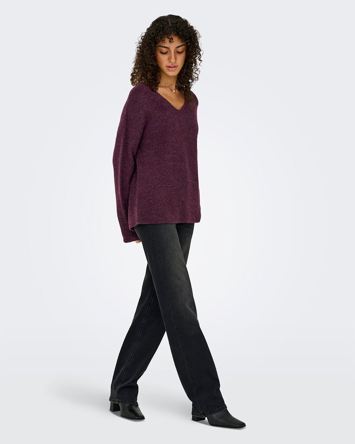 ONLY Strikkegenser Camilla V-neck L/S Pullover - Mauve Wine/ Melange