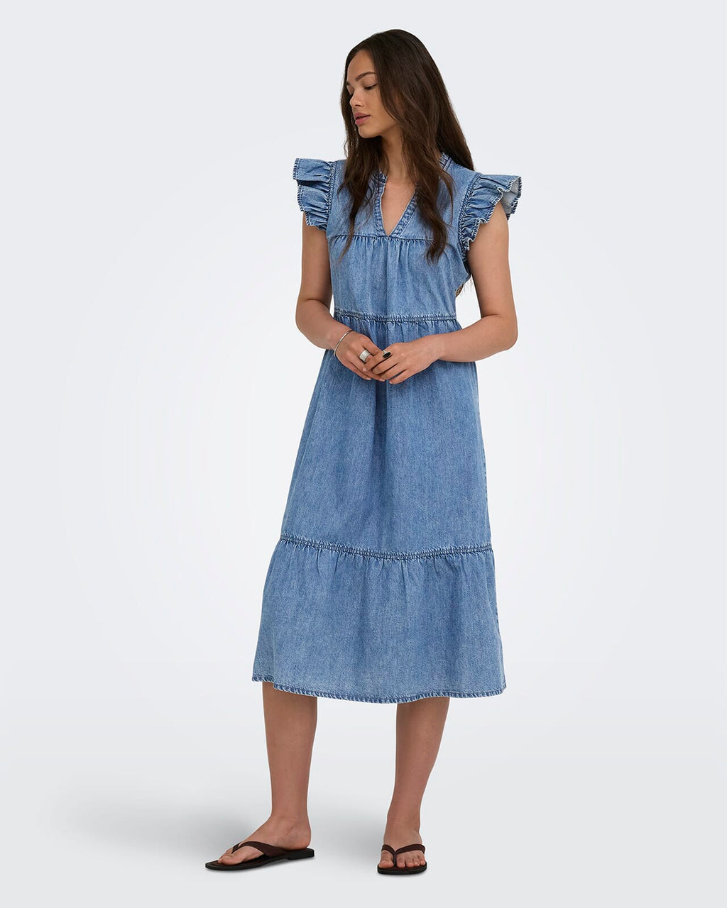ONLY Denimkjole Shania Midi S/L Frill Denim - Medium Blue Denim