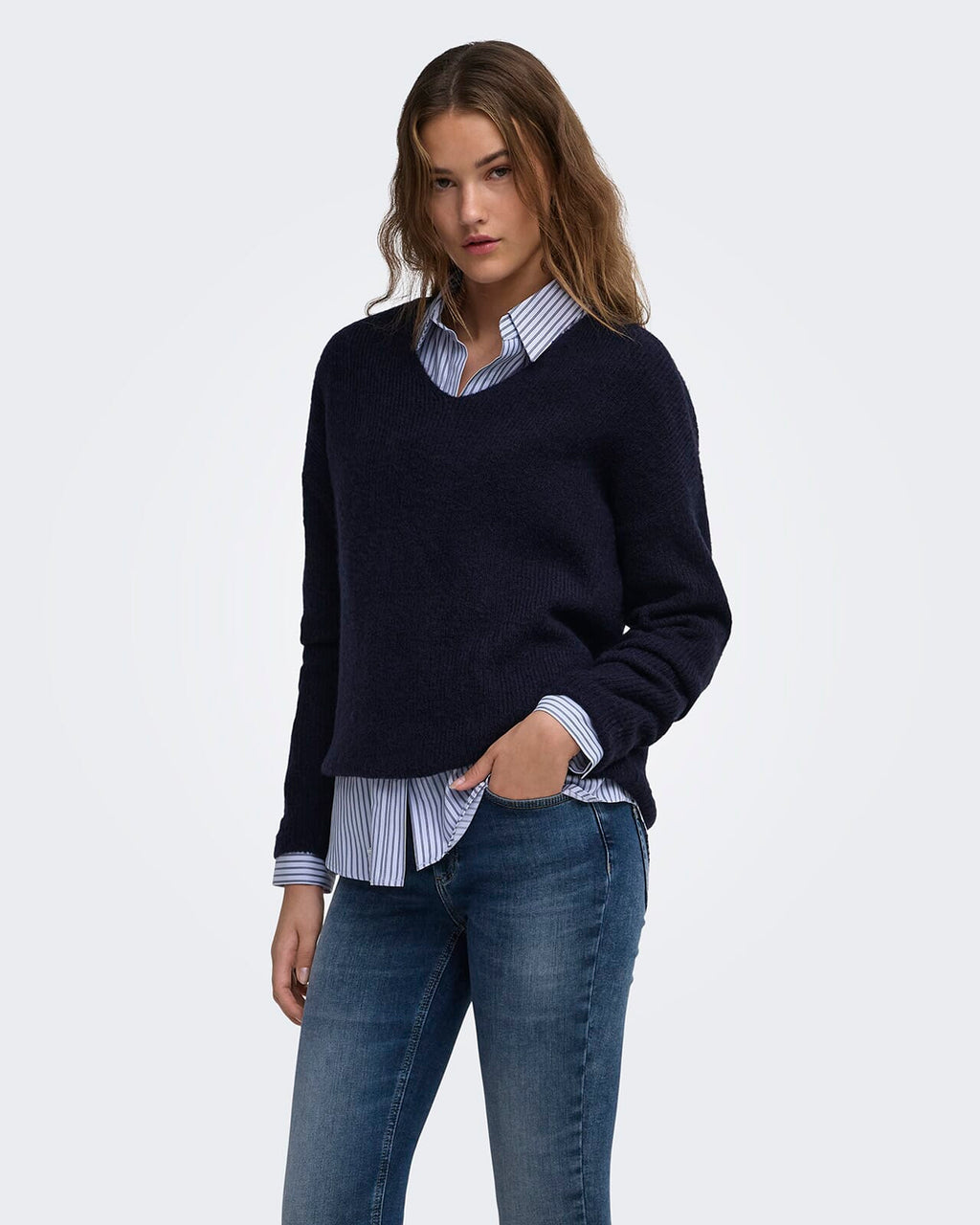ONLY Strikkegenser Camilla V-neck L/S Pullover - Night Sky