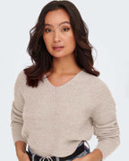 ONLY Strikkegenser Camilla V-neck L/S Pullover - Pumice Stone/ Melange