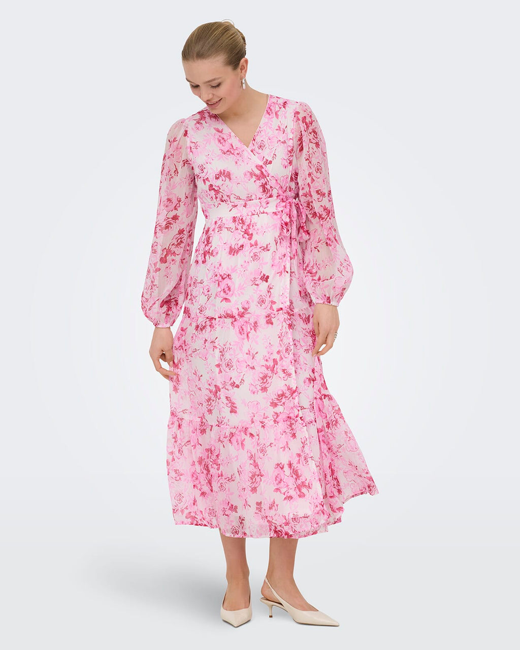 ONLY Omslagskjole Miriam LS Wrap Midi - Pink Marshmallow/ Porcelain flowers