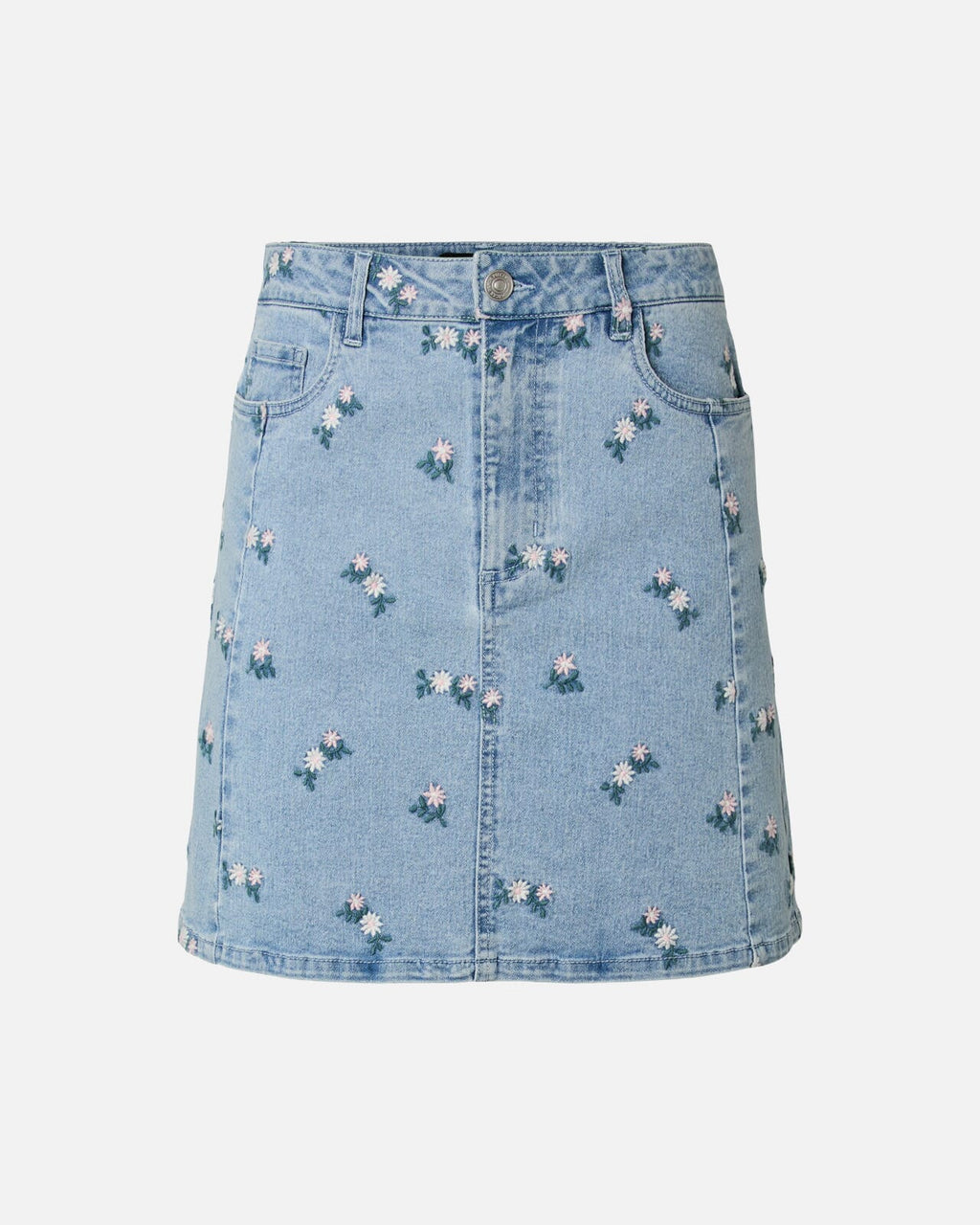 PIECES Denimskjørt Flora HW Short Denim Emb - Light Blue Denim/ Pink Flower Emb.