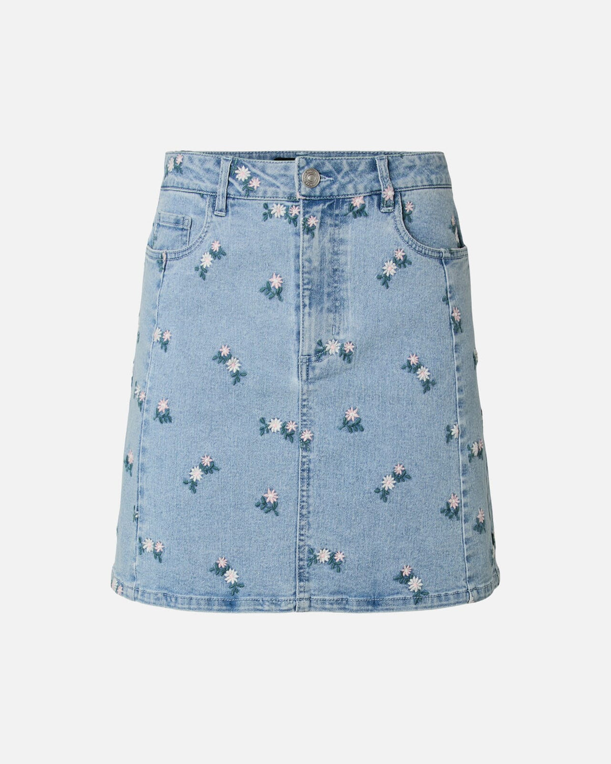 PIECES Denimskjørt Flora HW Short Denim Emb - Light Blue Denim/ Pink Flower Emb.