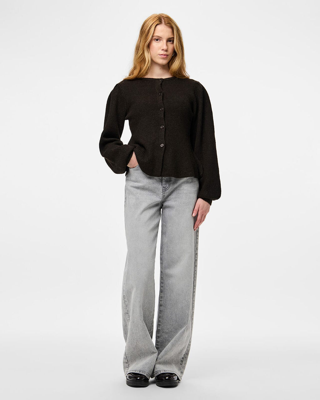 PIECES Strikket Cardigan Silly LS Puff - Hot Fudge Melange
