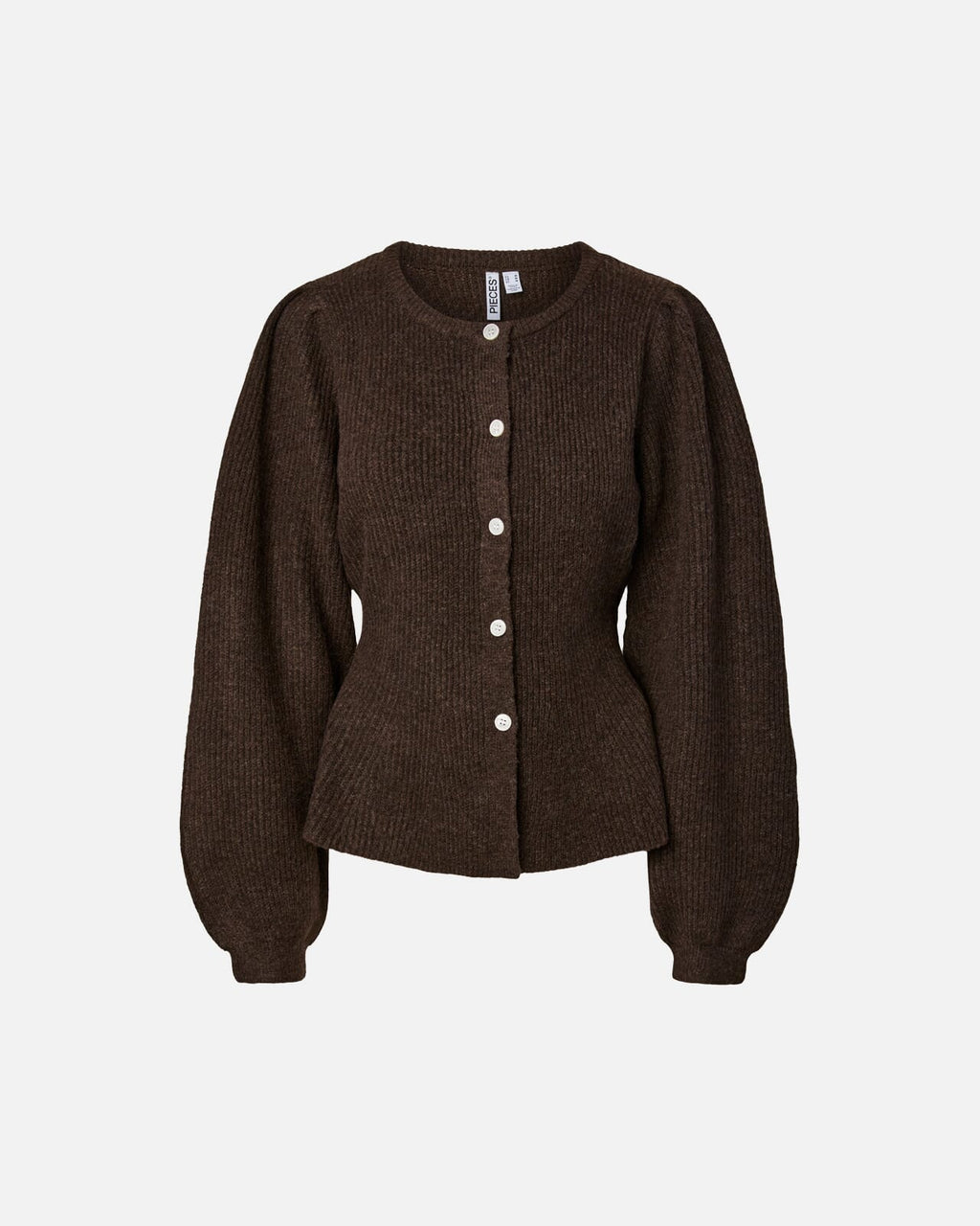 PIECES Strikket Cardigan Silly LS Puff - Hot Fudge Melange