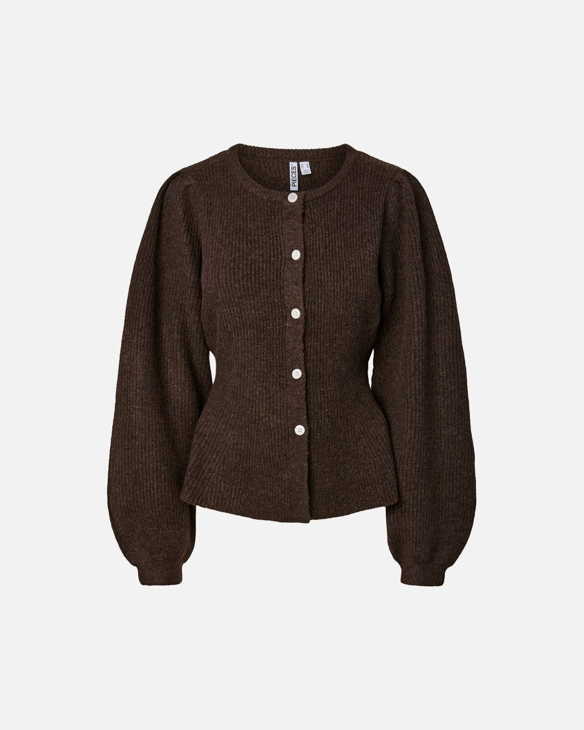 PIECES Strikket Cardigan Silly LS Puff - Hot Fudge Melange