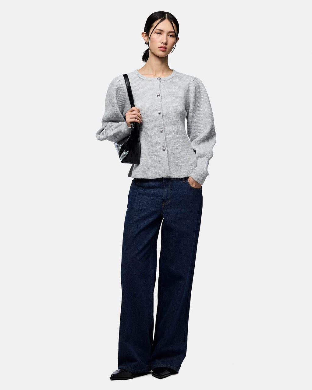 PIECES Strikket Cardigan Annie - Light Grey Mel/ Silver button