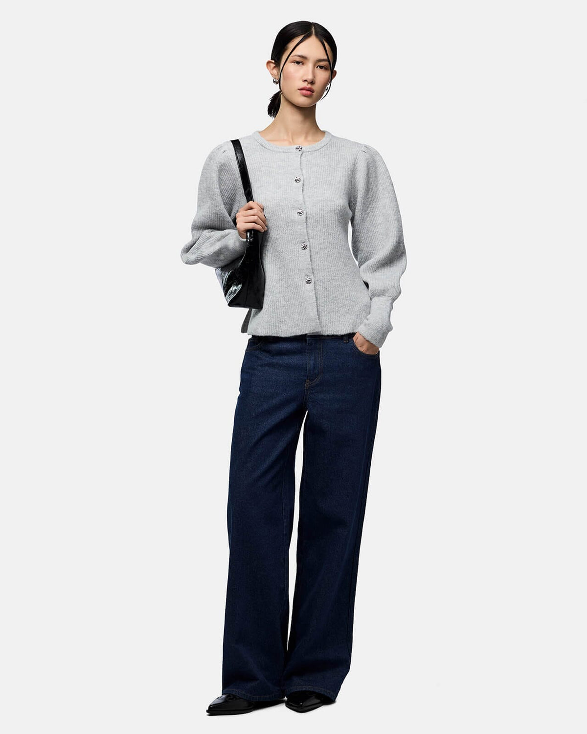 PIECES Strikket Cardigan Annie - Light Grey Mel/ Silver button