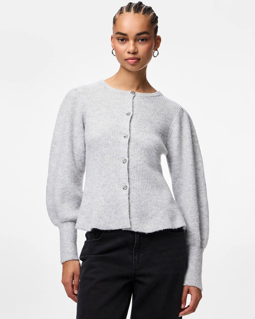 PIECES Strikket Cardigan Annie - Light Grey Mel/ Silver button