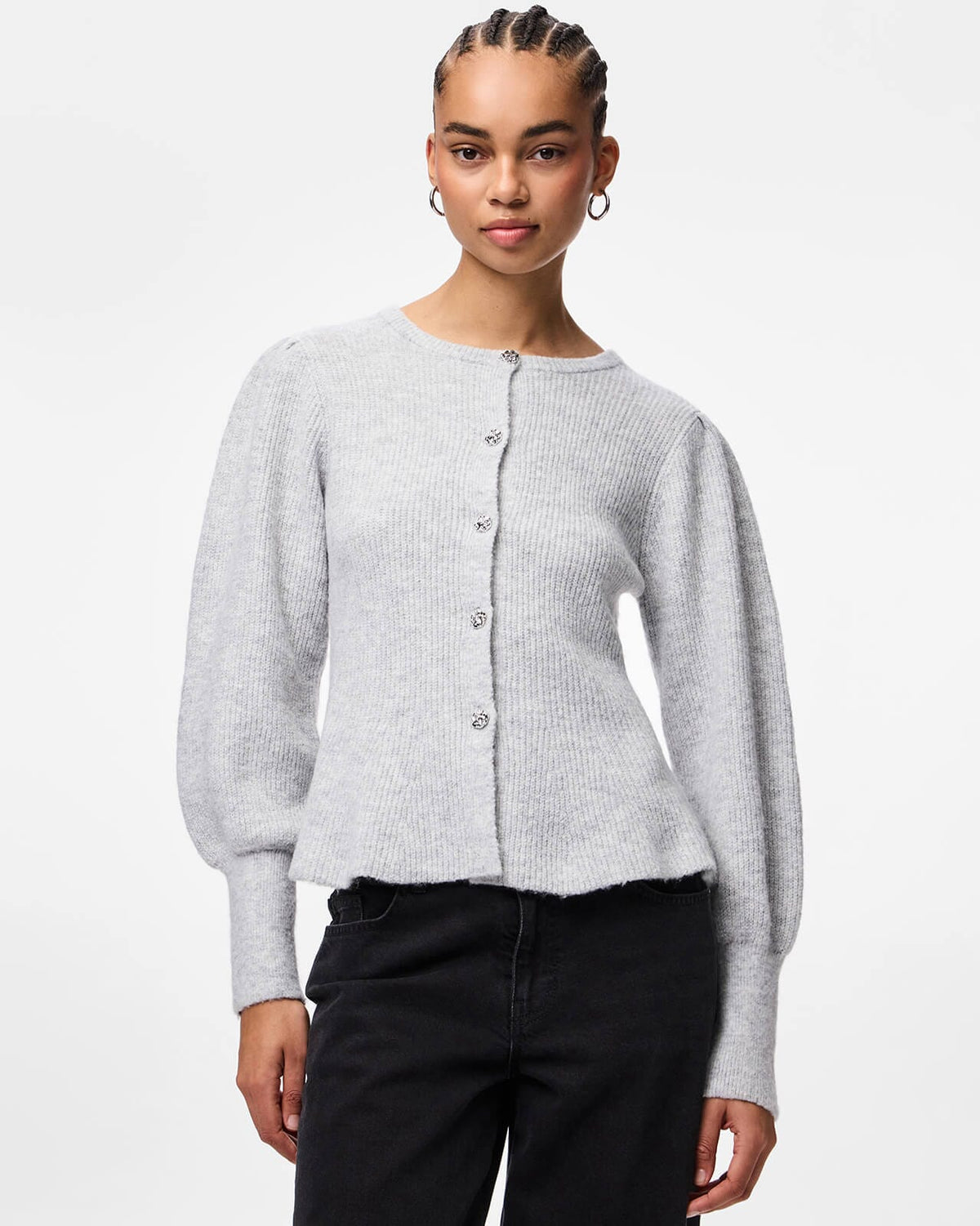 PIECES Strikket Cardigan Annie - Light Grey Mel/ Silver button