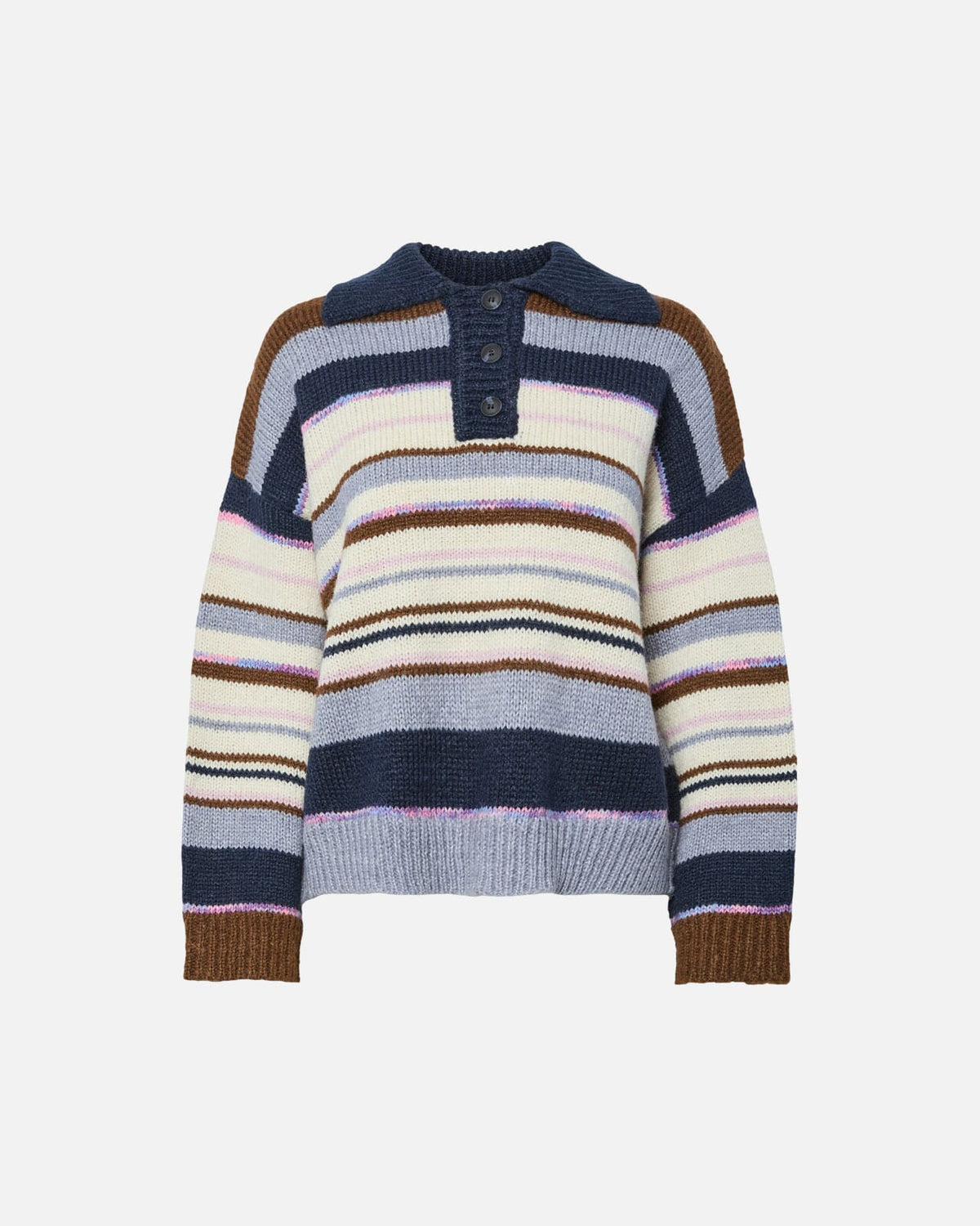 PIECES Strikkegenser Rye LS Polo - Downtown Brown/ Multi color