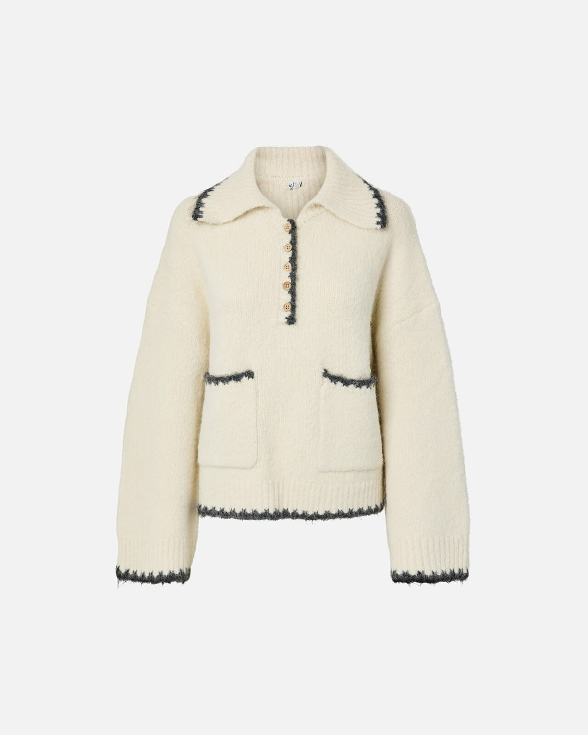 PIECES Strikkegenser Emilja LS Half Placket Knit - Birch Melange/Asphalt Melange