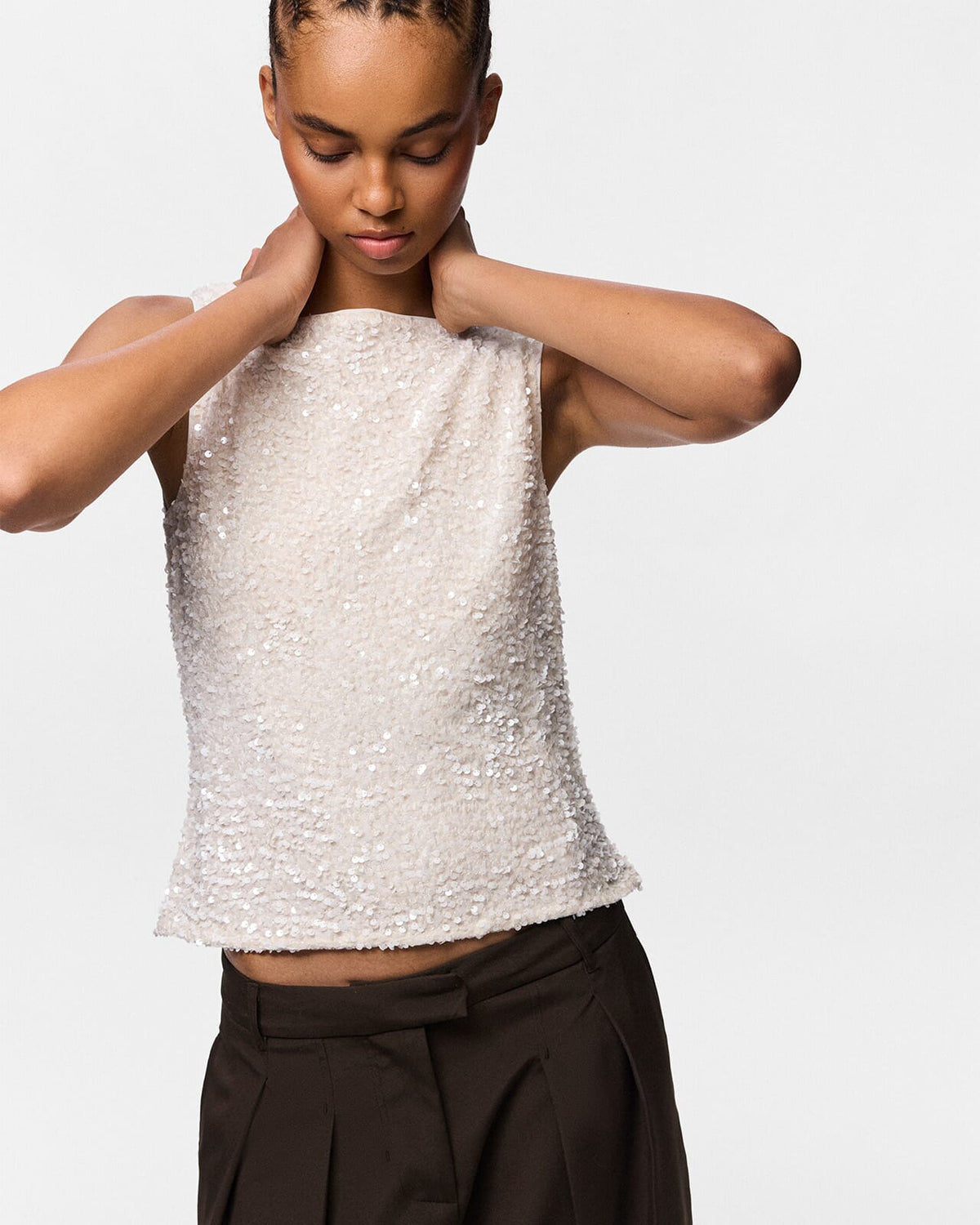 PIECES Paljettopp Kammy Tank - Cloud Dancer/ White Sequins