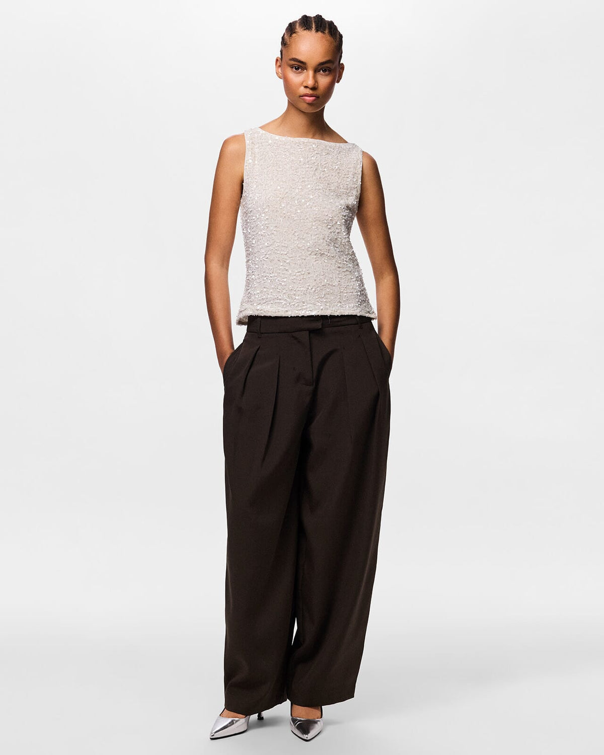 PIECES Paljettopp Kammy Tank - Cloud Dancer/ White Sequins