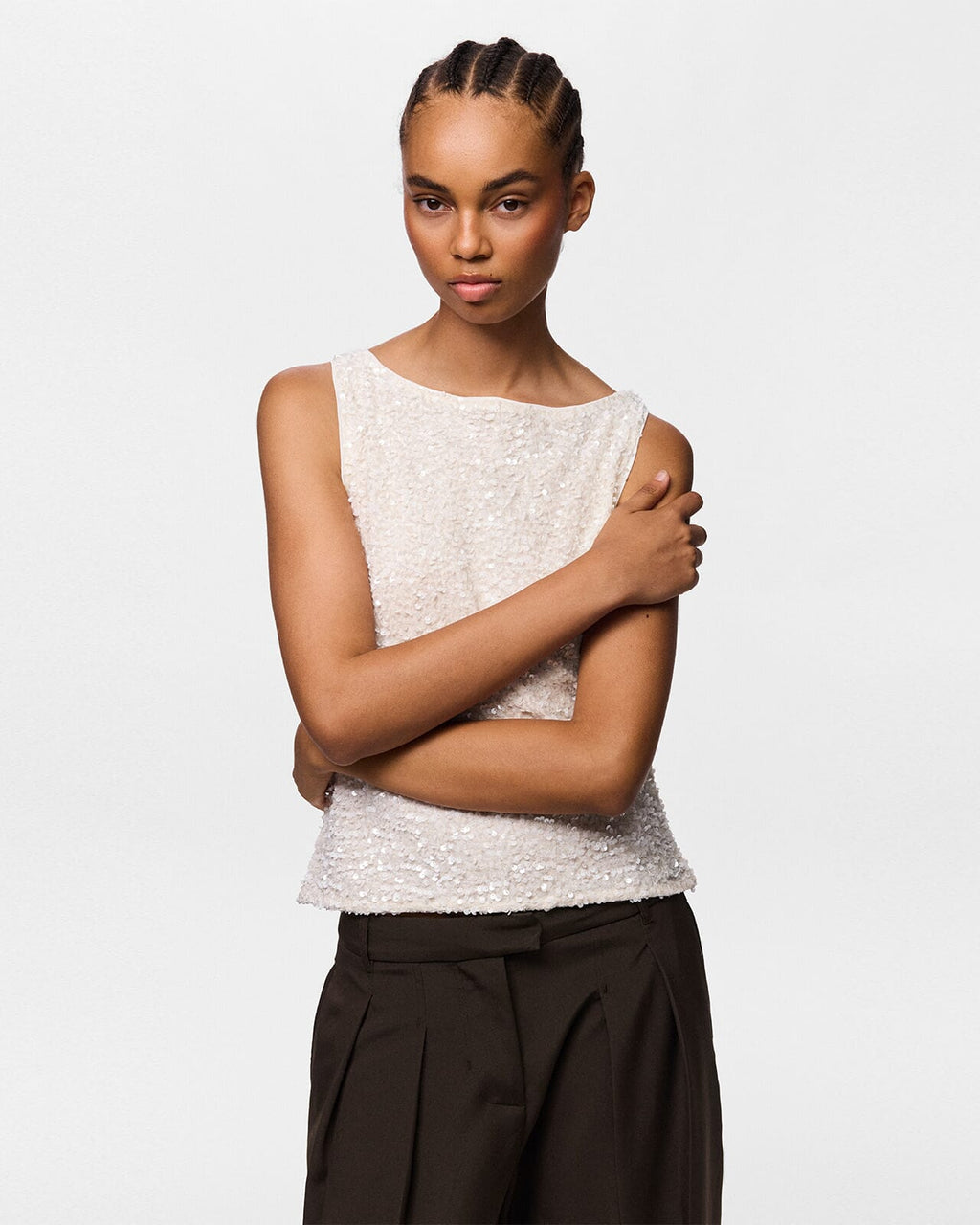 PIECES Paljettopp Kammy Tank - Cloud Dancer/ White Sequins