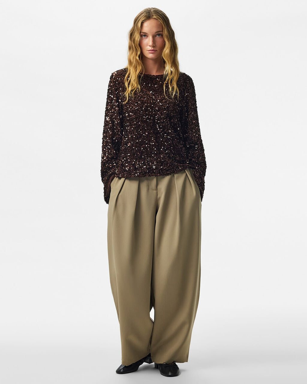 PIECES Paljettopp Kammy LS Deep Back Bow - Chicory/ Coffee Brown Sequins
