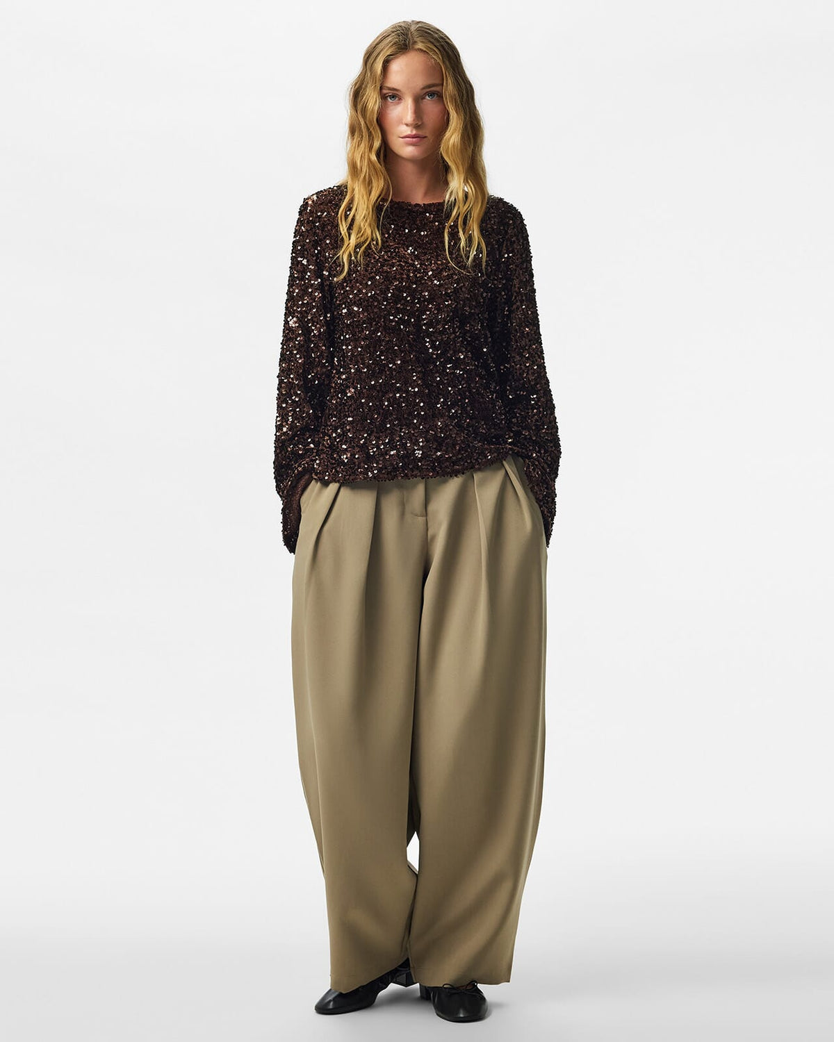 PIECES Paljettopp Kammy LS Deep Back Bow - Chicory/ Coffee Brown Sequins