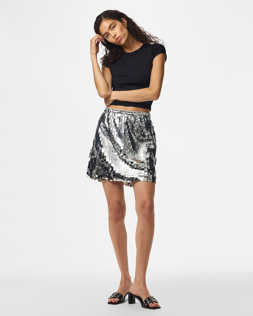 PIECES Paljettskjørt Malou Sequin MW Skirt - Silver Big Sequins