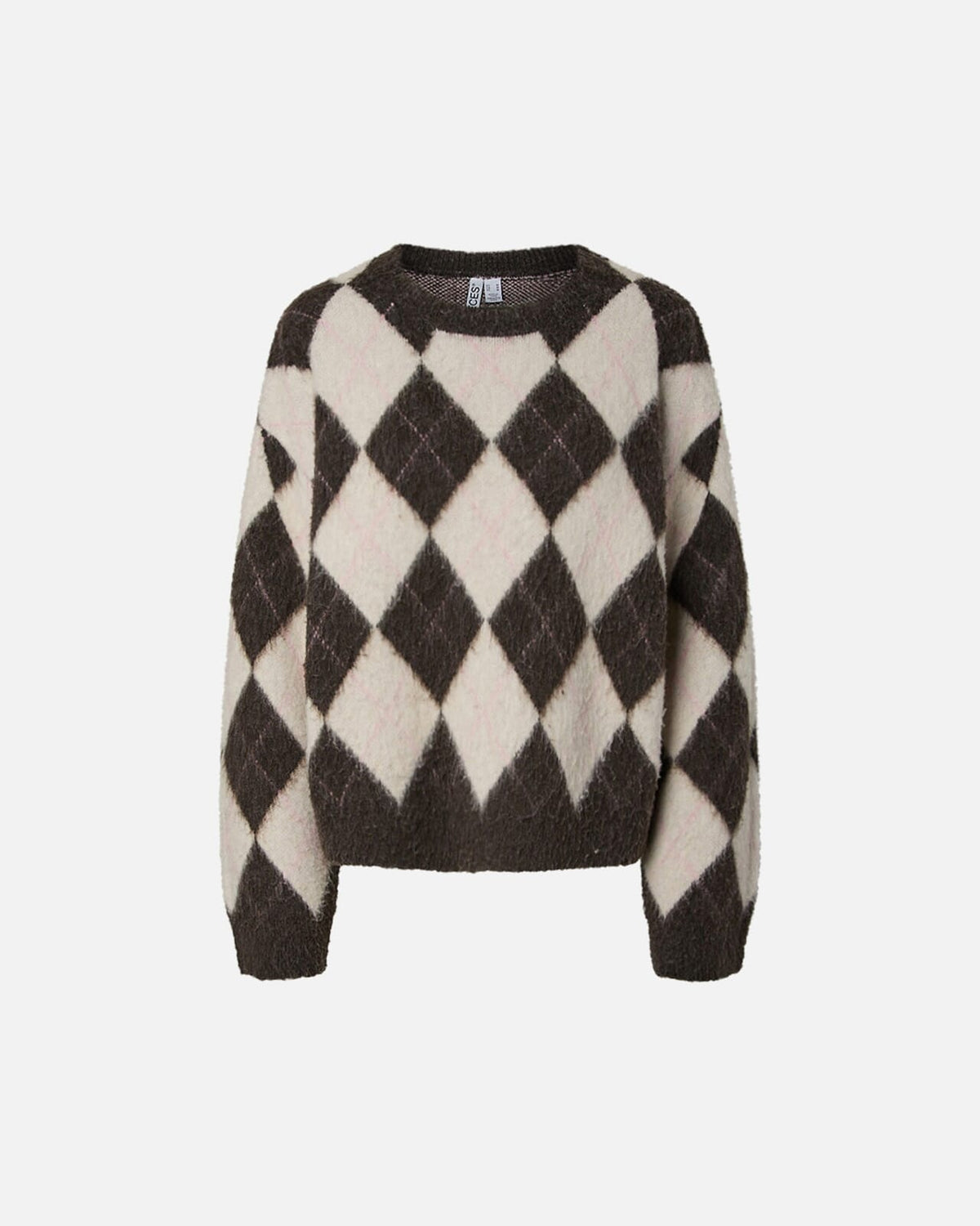 PIECES Strikkegenser Alva LS Loose O-neck Check - Hot Fudge/ w. Birch/ Sea Pink