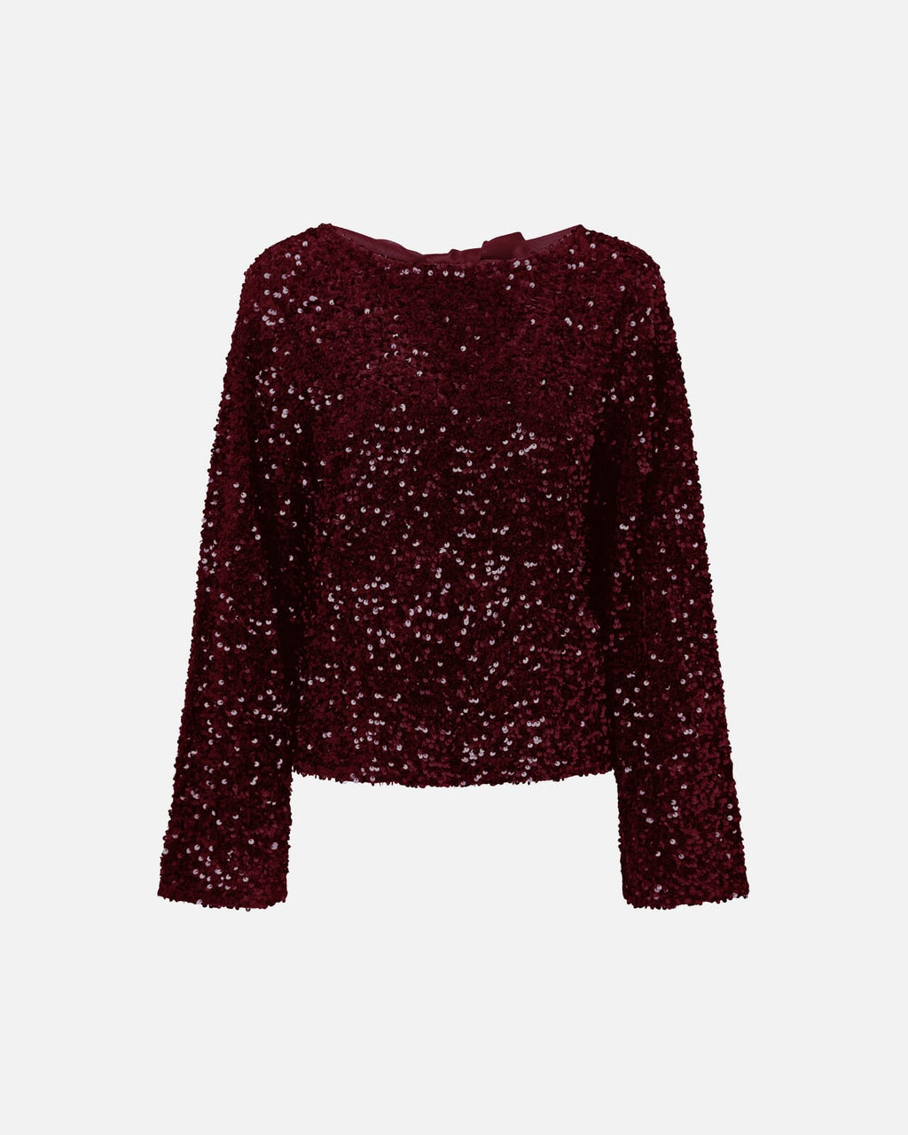 PIECES Paljettopp Kammy LS Deep Back Bow - Tawny Port/ Tawny Port Sequins